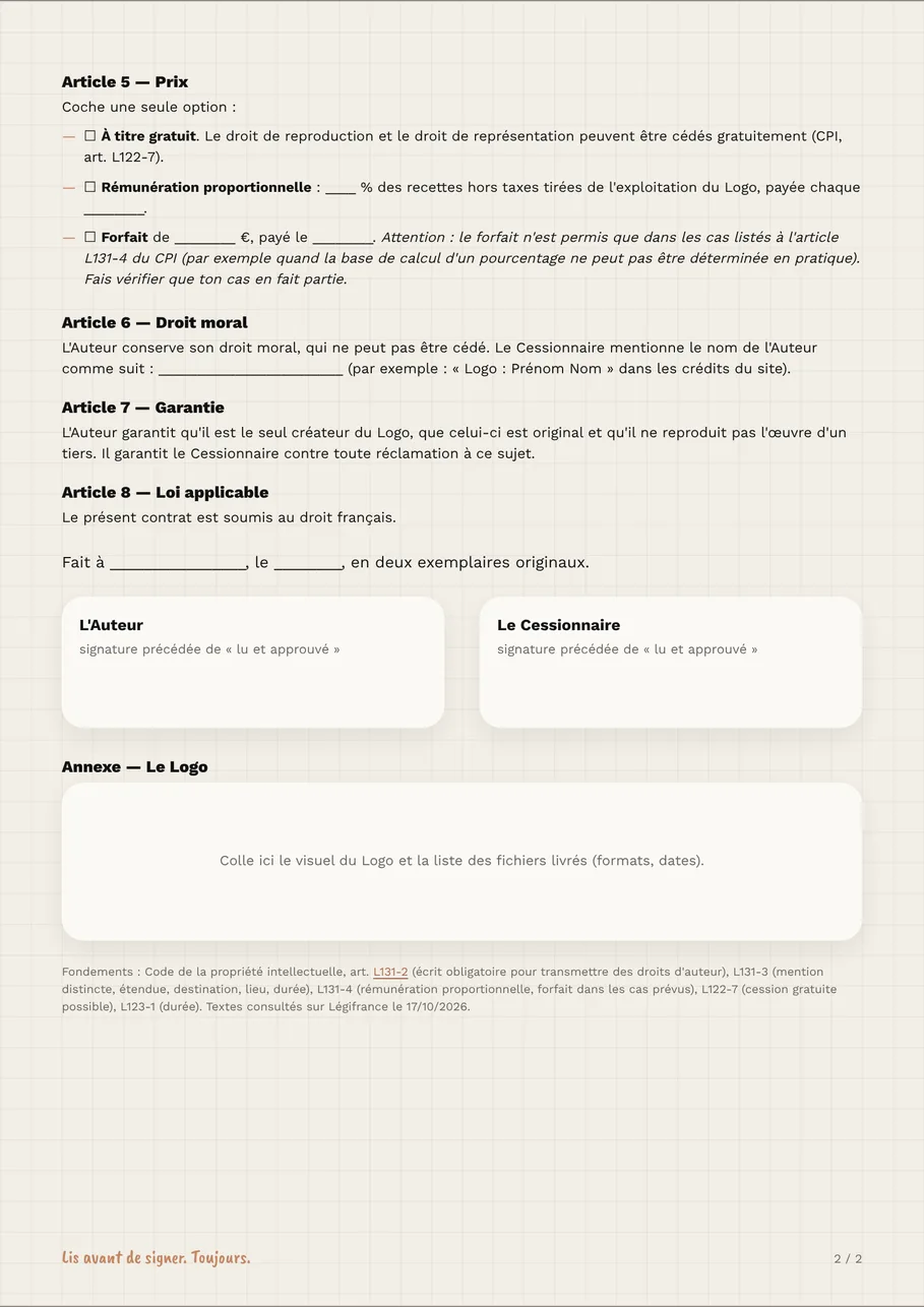 Page 2 : prix, droit moral, garantie, loi applicable, signatures